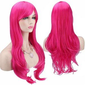 Wigs Long Wavy Hair Cosplay for Women Halloween Costume Pink Color